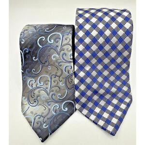 Men's Tie Bundle Blue White Gray Check  Silk Polyester Bespoke Express Design
